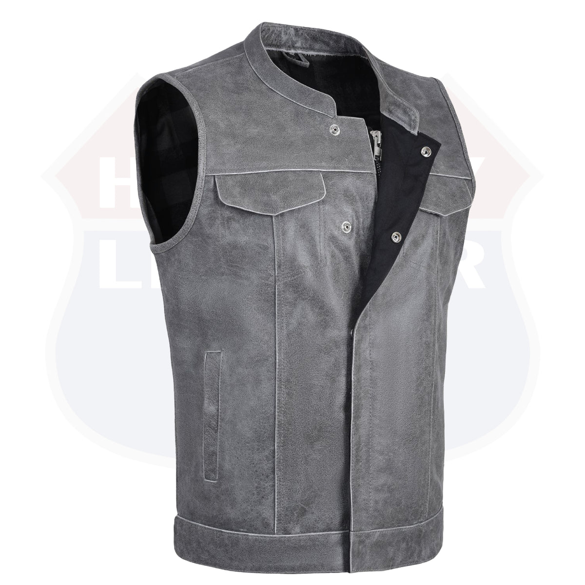 Men’s Gray SOA Anarchy Leather Motorcycle Biker Club Vest – Utility Pockets – HL11689