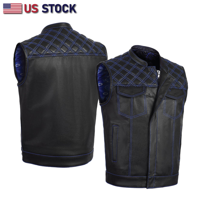 Black men's leather vest with blue cross-stitch detailing from Buffalo Leather Gear, featuring a classic club style design.