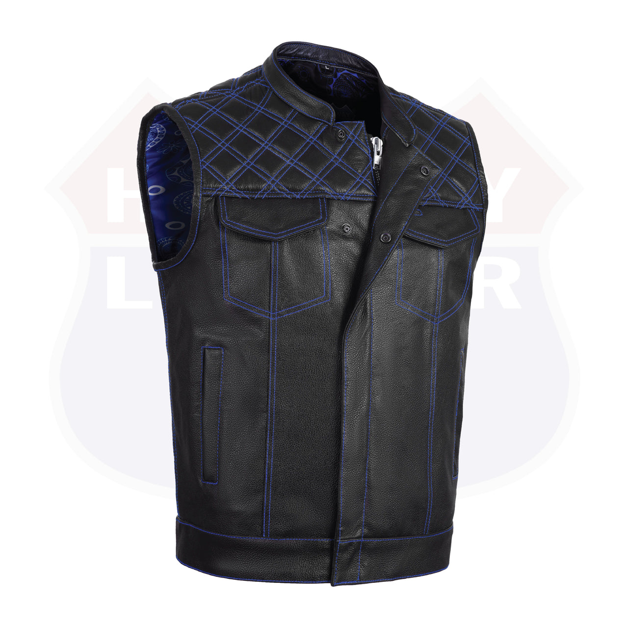 Black men's leather vest with blue cross-stitch details, from Buffalo Leather Gear, featuring a stylish club design.
