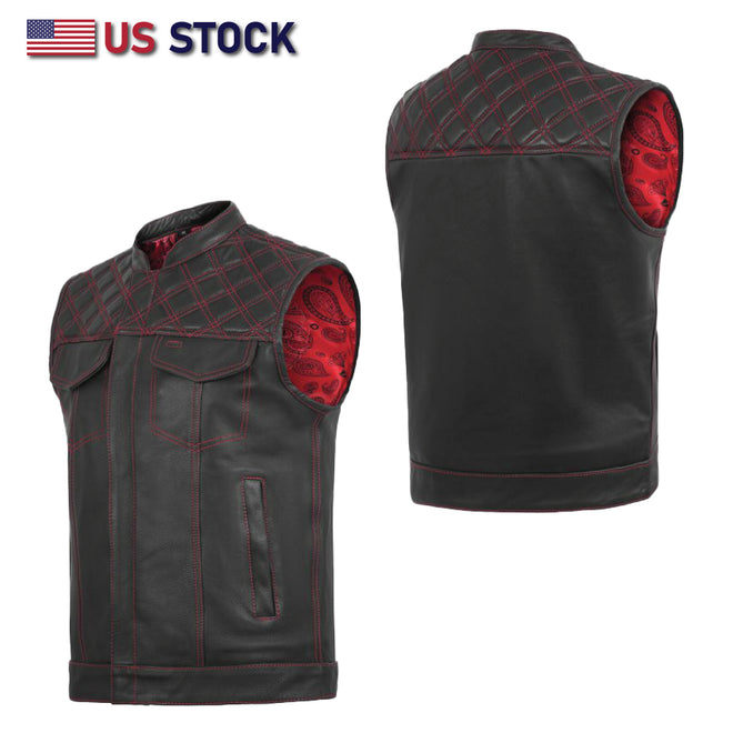 Black men's leather vest with red cross stitch details, made by Buffalo Leather Gear, featuring a stylish club design.