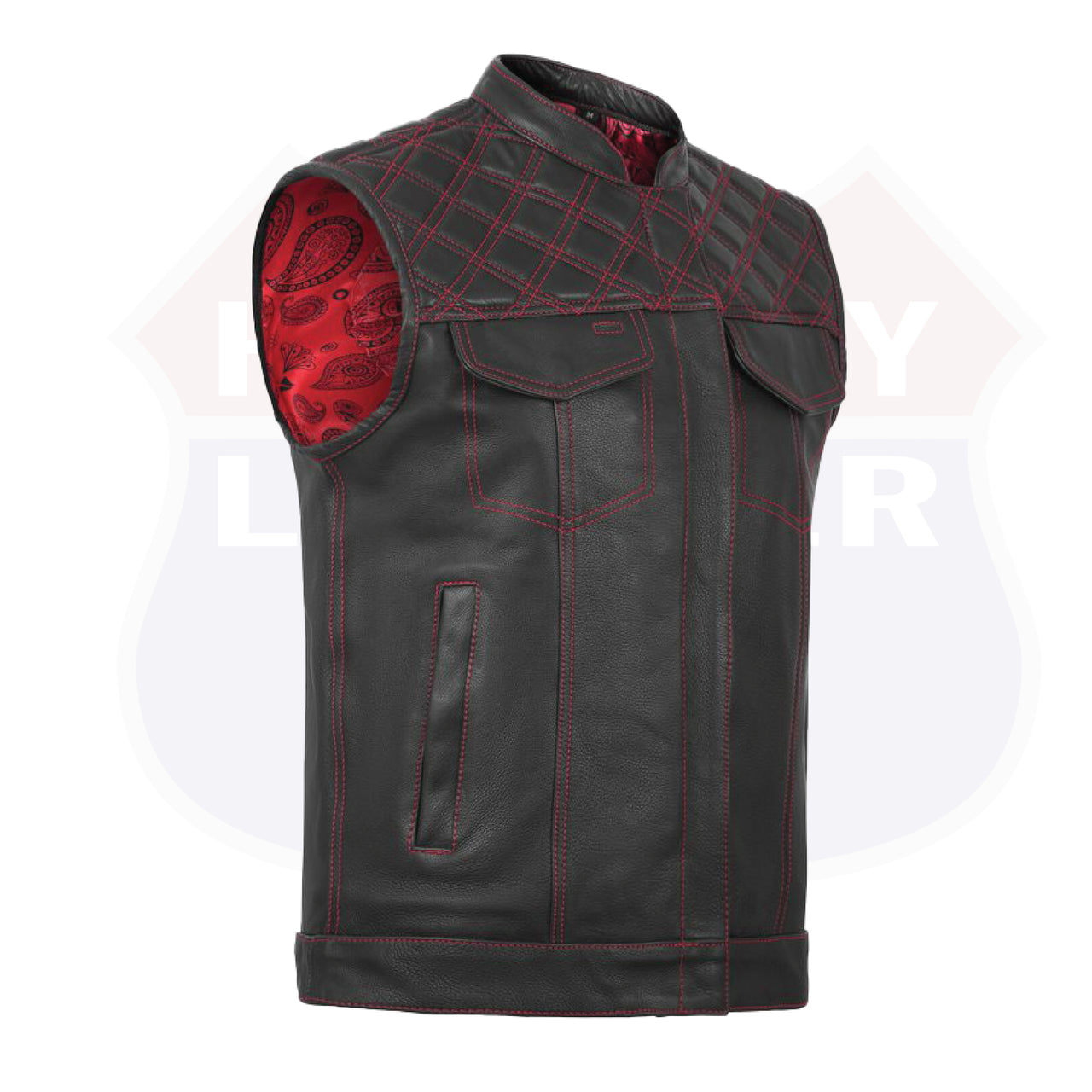 RED HL11693SPTRED Black Men Cross Stitch Club Leather Vest - HighwayLeather