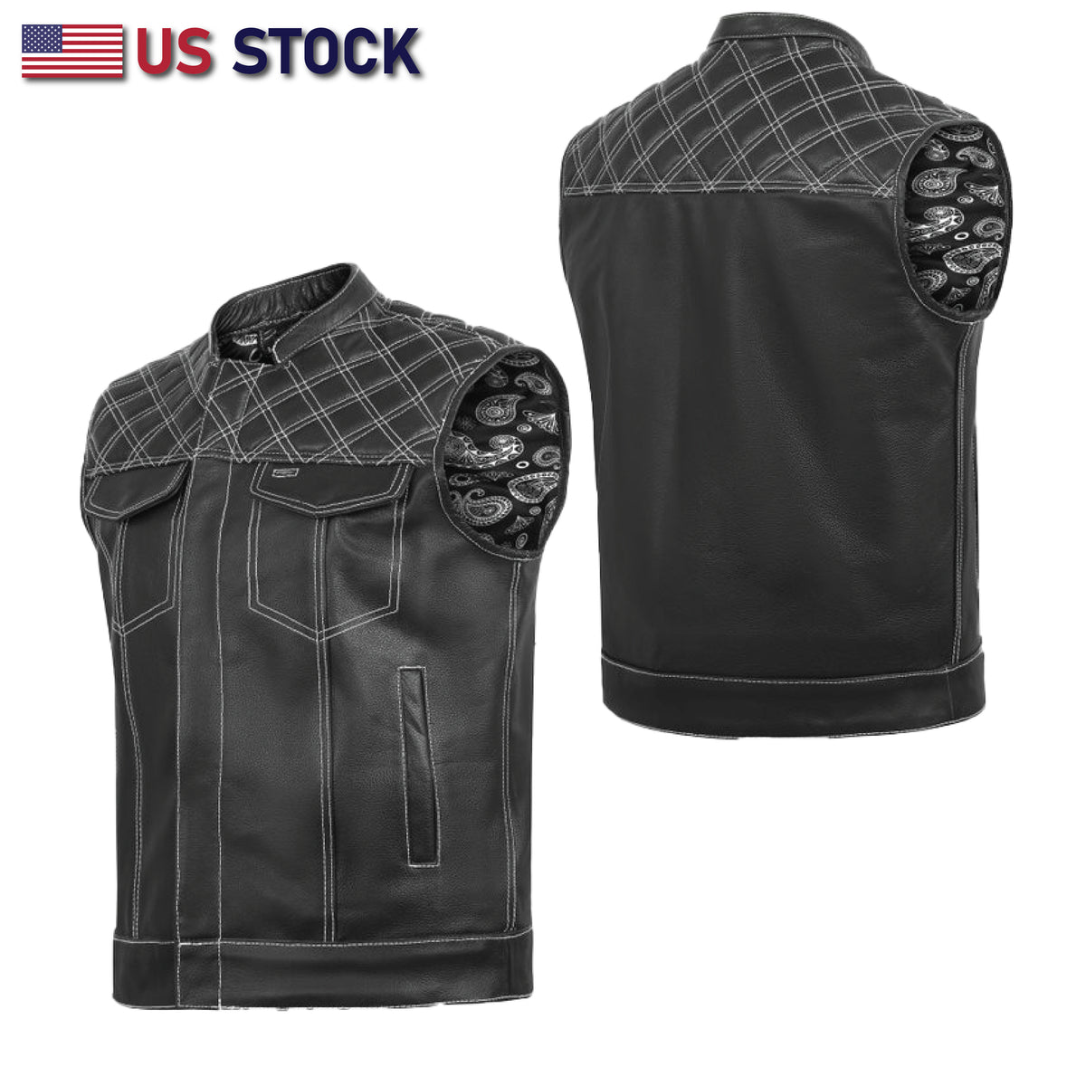 White and black men's leather vest with cross stitch details from Buffalo Leather Gear, featuring a stylish club design.