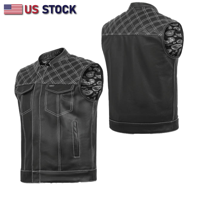 White and black men's leather vest with cross stitch details from Buffalo Leather Gear, featuring a stylish club design.
