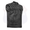 White and black men's leather vest with cross stitch detailing from Buffalo Leather Gear, featuring a stylish club vest design.