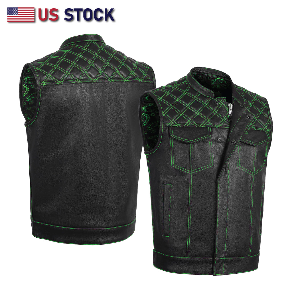 GREEN HL11693SPTGREEN Black Men Cross Stitch Club Leather Vest