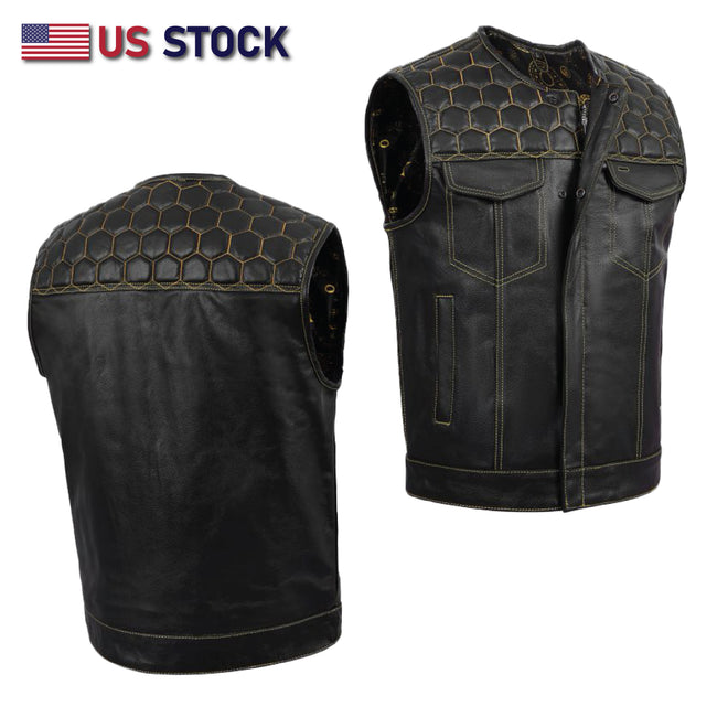 Yellow men's leather vest with no collar, honeycomb stitching, from Buffalo Leather Gear men's vests collection.