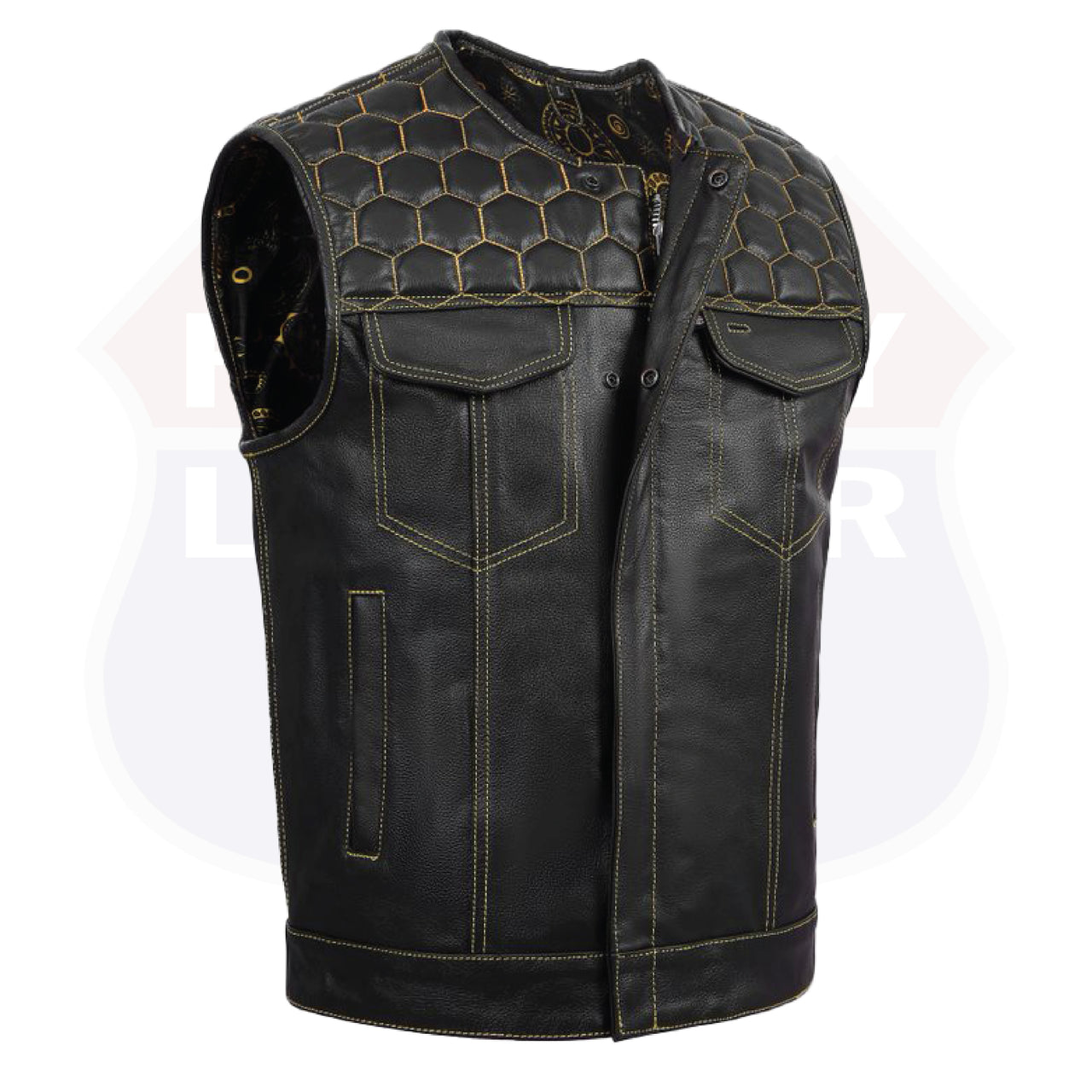 Yellow men's leather vest by Buffalo Leather Gear with no collar, club style, honeycomb stitching, featuring front zipper and side pockets.