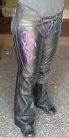 Milwaukee Leather purple and black leather chaps for women with low-rise waist, double buckle, reflective embroidery, motorcycle style.
