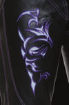 Milwaukee Leather Purple and Black leather chaps for women, low-rise waist with double buckle, reflective embroidery, motorcycle gear.