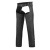 Buffalo Leather Gear black braided motorcycle chaps with classic style and easy fit, designed for riding comfort and durability.