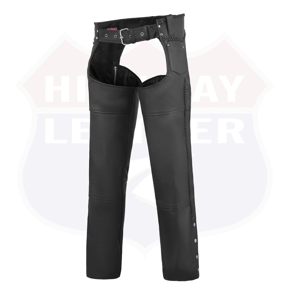 Buffalo Leather Gear black braided style leather motorcycle chaps with easy fit, designed for comfortable riding.