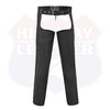 Buffalo Leather Gear black braided leather motorcycle chaps with a classic braided style, designed for riding comfort and easy fit.