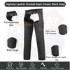 Black leather motorcycle chaps with braided design, BUFFALO LEATHER GEAR classic style, easy fit for riding comfort.