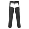 Buffalo Leather Gear black braided leather motorcycle chaps with classic braided design, riding easy fit for motorcycle riding.