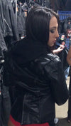 Back view of Milwaukee Leather Women's black 3/4 leather hoodie jacket with reflective tribal design detailing.