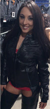 Milwaukee Leather women's black leather hoodie jacket with 3/4 length sleeves and reflective tribal design details.