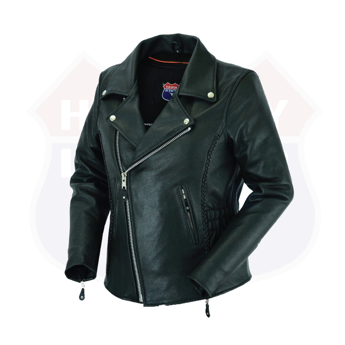 Women’s Full-Length Braided Leather Motorcycle Jacket with Side Stretch and Utility Pocket | HL13103