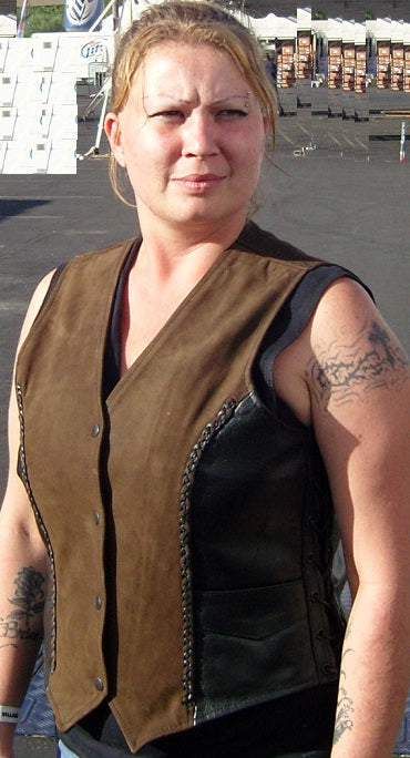 HL14347 Vintage Two Tone Nubuck Brown and Black Leather Club Style Women Motorcycle Vest - HighwayLeather