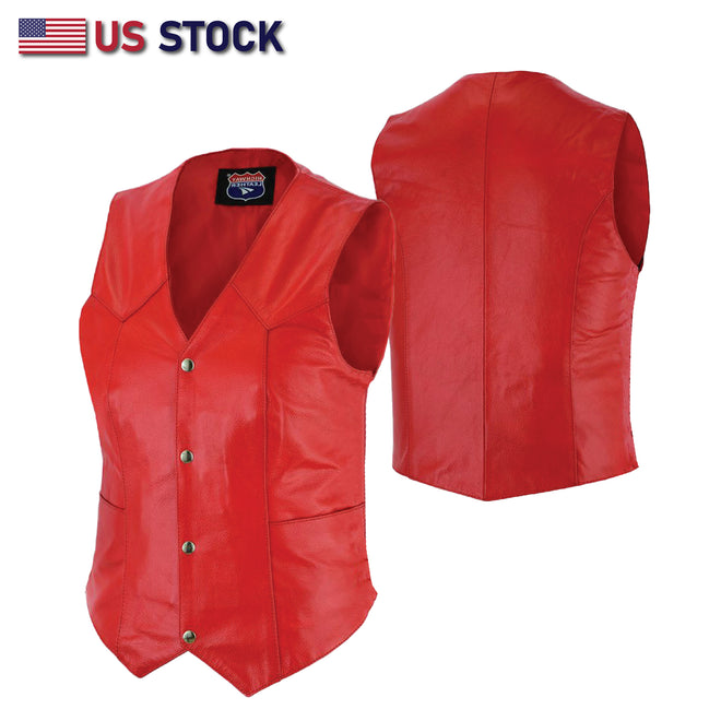 Women’s Soft Red Leather Motorcycle Vest with Utility Pockets | HL14500RED