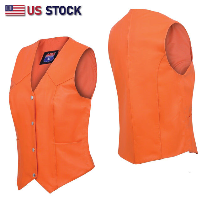 Women’s Orange Soft Leather Motorcycle Vest with Utility Storage | HL14500ORANGE
