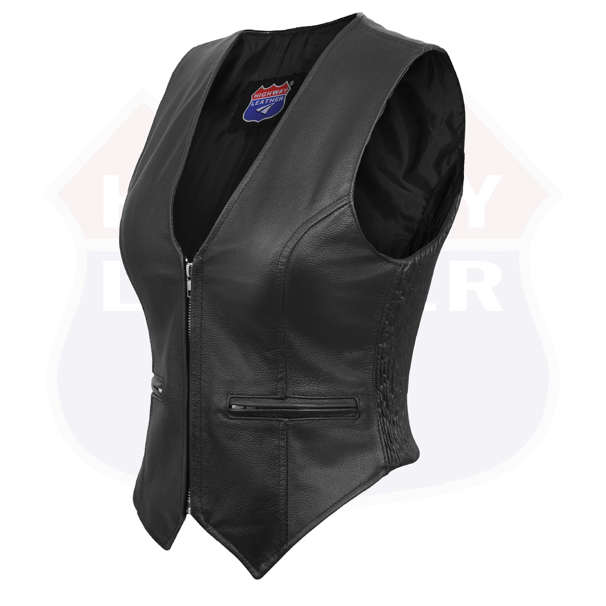 Buffalo Leather Gear women's rib stretch zipper front leather vest, stylish and fitted, shown in black with front zipper detail.