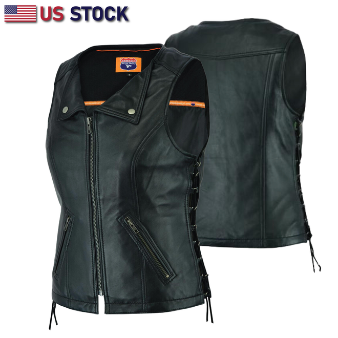 Buffalo Leather Gear women's vest with revealing side laces, stylish sleeveless vest for women, black leather design.