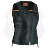 Buffalo Leather Gear Jenni Ladies revealing side laces vest, women's vest with edgy side lace design, black leather material.