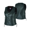 Black women's leather motorcycle vest with lace-up sides from Buffalo Leather Gear, featuring a stylish and fitted design.