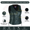 Black women's leather motorcycle vest with lace-up sides, featuring a stylish design from Buffalo Leather Gear.