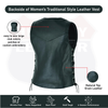 Black women's leather motorcycle vest with lace-up sides from Buffalo Leather Gear, featuring a stylish and fitted design.