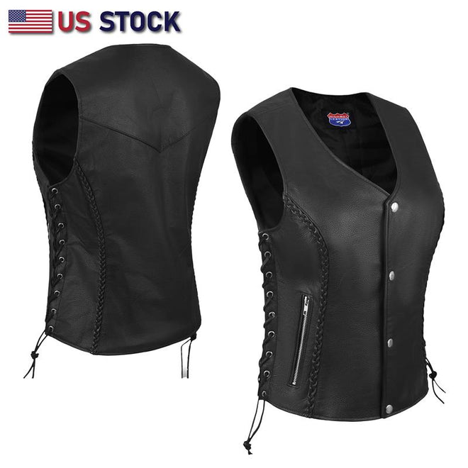 Baldwin Women’s black braided leather vest with side lace details, made from buffalo leather, by Buffalo Leather Gear.
