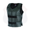 Front view of the women's black leather motorcycle vest with zipper and adjustable straps.