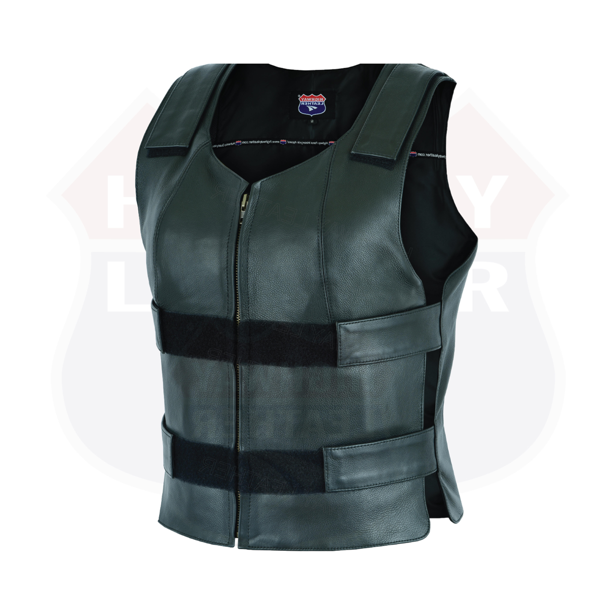 Front view of the women's black leather motorcycle vest with zipper and adjustable straps.