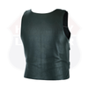 Back view of the women's black leather motorcycle vest with a plain back panel.