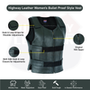Women's black leather vest feature diagram showing shoulder adjustments, side closures and front zipper.