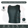 Women's black leather vest feature diagram showing the single-piece back panel.