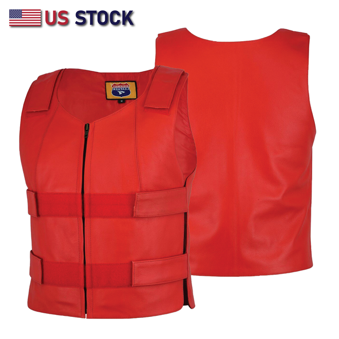 Men’s Red Tactical Style Leather Biker Club Vest | HL11643
