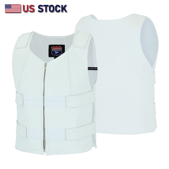 HL14945White Women White Tactical Style leather Vest for Biker club