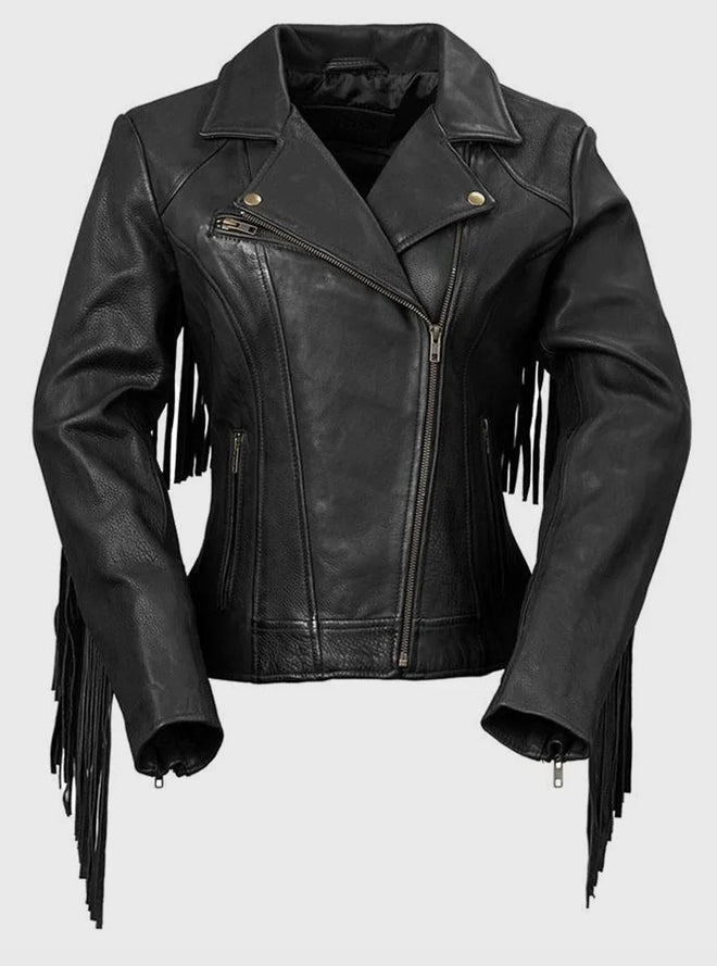 Black Daisy women's fashion leather jacket by FIRST MFG, showing front view with stylish design and fitted silhouette.
