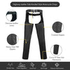 Black leather motorcycle chaps with braided design from Buffalo Leather Gear, designed for comfortable riding fit.