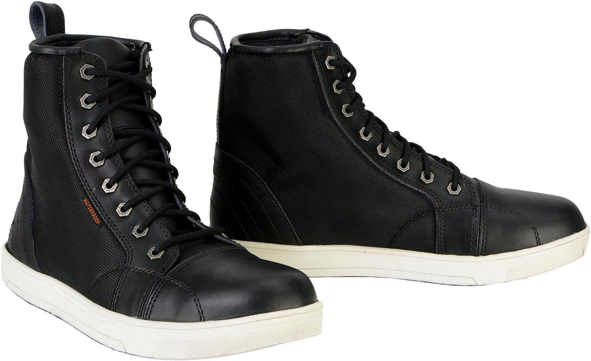 Milwaukee Leather men's waterproof black and white street riding boots with reinforced ankle support and durable design.