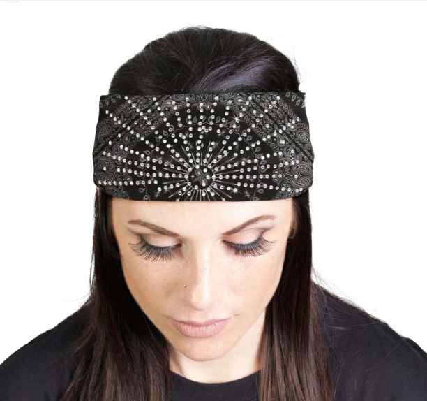 Milwaukee Leather black Lycra jersey headband with classic bandana design, stretchy and comfortable for active wear.
