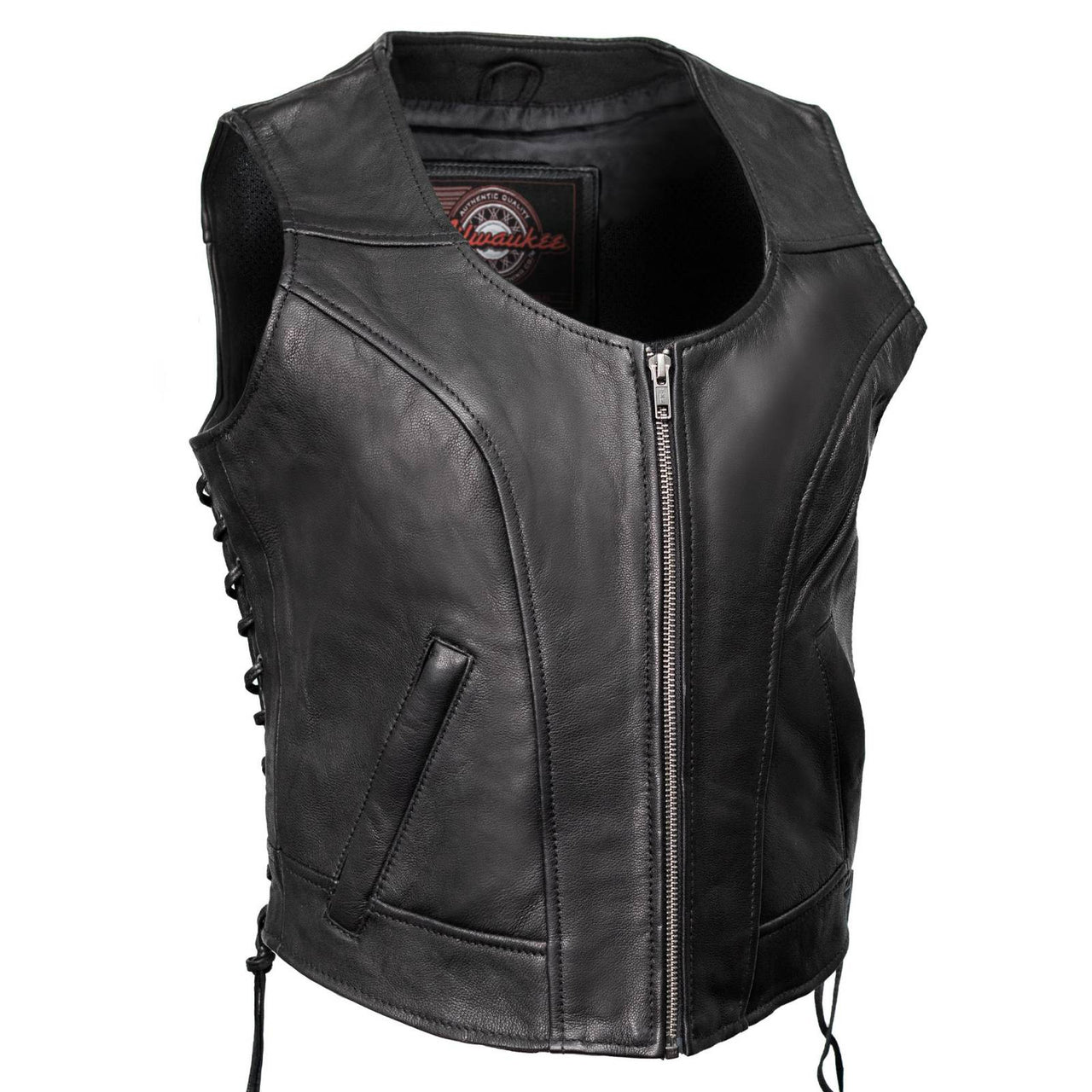 MMC40000 Women's Rave Black Premium Leather Deep Neck Side Lace Vest