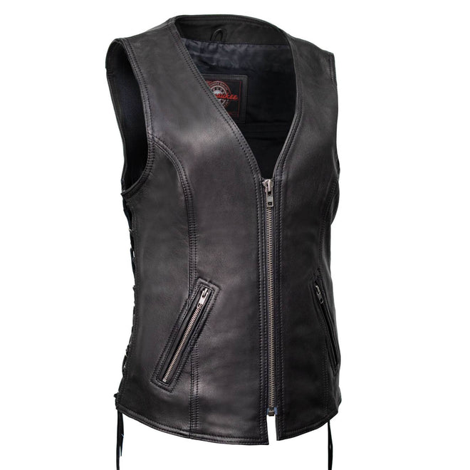 Milwaukee Leather Women's Jenni black leather vest with V-neck and side lace details, premium quality women's vest.