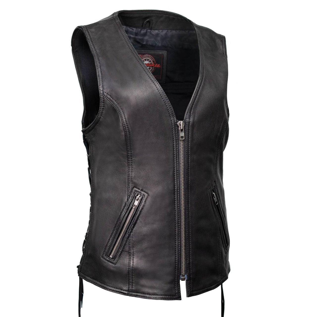 MMC40001 Women's Jenni Black Premium Leather V-Neck Side Lace Vest