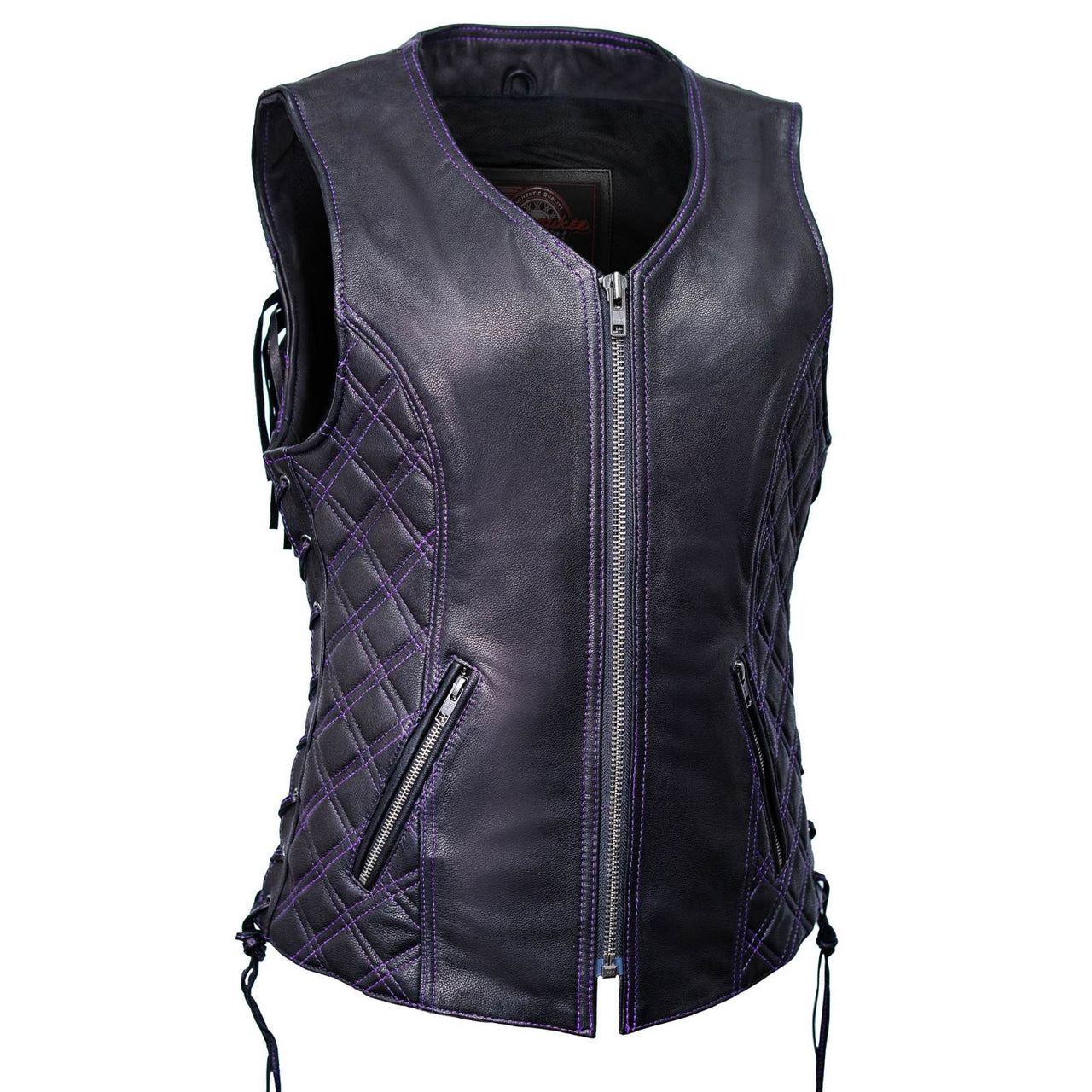 MMC40006 Women’s Liberty Black and Purple Leather V-Neck Biker Vest w/ Side Lacing