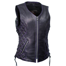 MMC40006 Women’s Liberty Black and Purple Leather V-Neck Biker Vest w/ Side Lacing