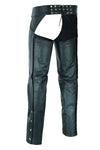 Buffalo Leather Gear classic leather chaps with jean pocket style, featuring durable design and traditional craftsmanship.