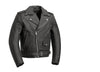 Black men's motorcycle leather jacket by FIRST MFG, plain side design, made for motorcycle riding, with a classic fit and sturdy leather.