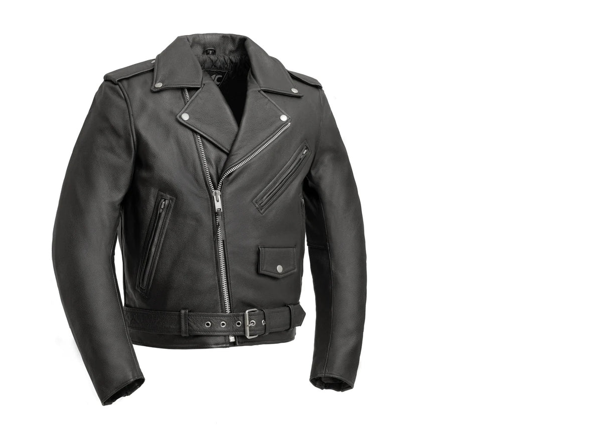 Black men's motorcycle leather jacket by FIRST MFG, plain side design, made for motorcycle riding, with a classic fit and sturdy leather.